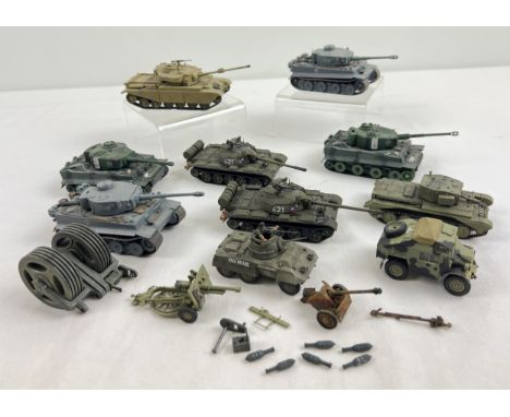 A collection of assorted diecast, resin and plastic model tanks and military vehicles. To include 2 Heng Long Tiger tanks, un