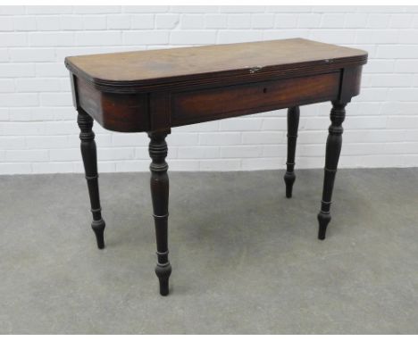 19th century mahogany foldover tea table, with a frieze drawer, raised on ring turned baluster legs,  76 x 102 x 46cm. 