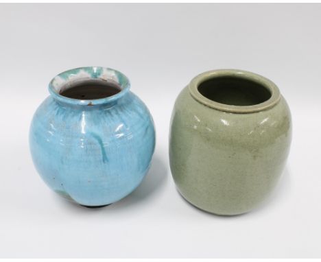 Early 20th century studio pottery vase, signed R wallace and dated 1937 together with a blue glazed German vase (blue vase a/