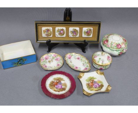 Collection of Limoges and other porcelain dressing table trinkets to include a vase, power jar and ring stand, etc (9) 