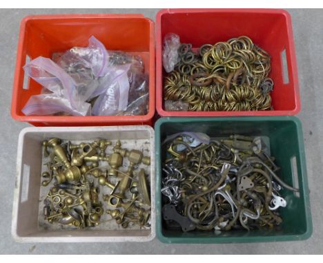 Architectural salvage - four boxes of brass and other hardware, including coat hooks, curtain rings, escutcheons etc (4) 