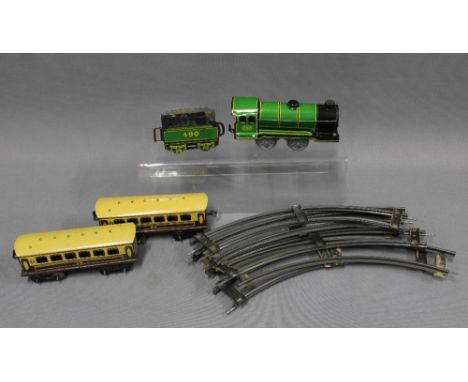 Early to mid 20th century tin plate train set with engine, two carriages, another and track (a lot) 