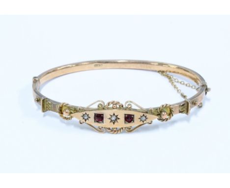 Late 19th / early 20th century 9ct gold ruby and seed pearl bracelet, stamped 9ct 