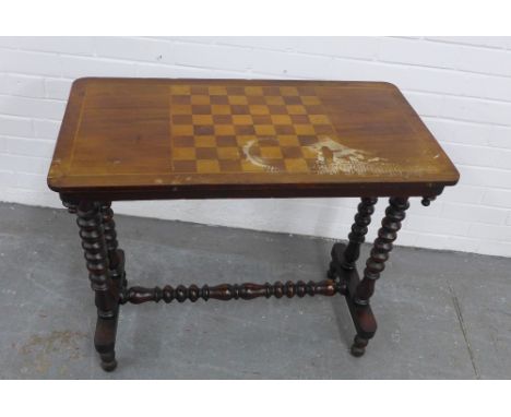 Mahogany games table on bobbin turned legs nd stretcher, 68 x 79 x 41cm (top a/f) 