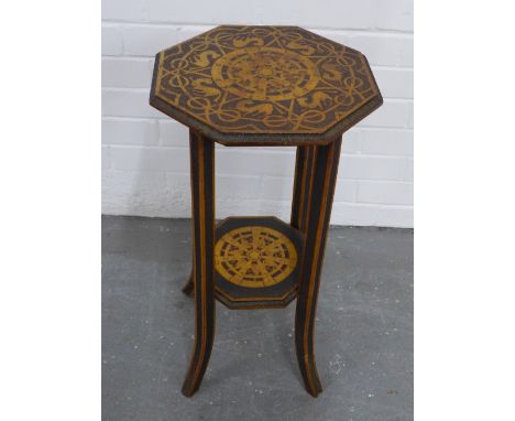 Edwardian pokerwork table, octagonal top with celtic pattern, conforming undertier, on splayed legs, 64 x 32cm 