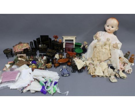 A quantity of dolls house furniture and accessories, a collection of bisque head dolls and a vintage Pedigree doll (a lot) 