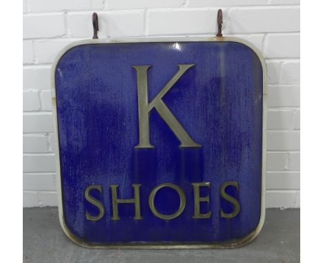 Mid 20th century heavy metal and  enamel shop sign saying " K SHOES" on both sides, 70 x 62cm 