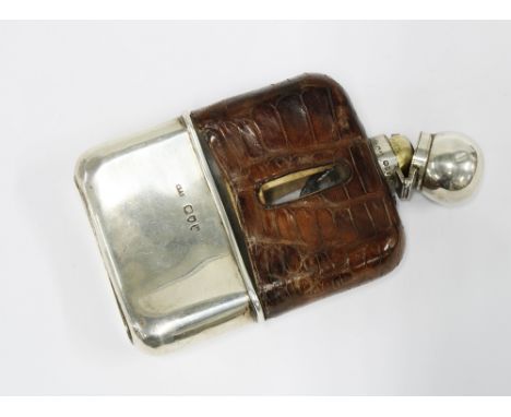 Victorian silver mounted glass and leather hip flask, with  an engraved detachable cup and hinged lid,  London 1892, 14cm 