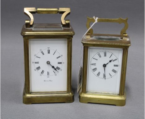 Mappin &amp; Webb brass carriage clock together with another brass carriage clock. 12 x 9cm. (2) 