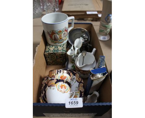 A quantity of miscellaneous china including Commemorative Tankard, two trio's, lighter, painted egg and miscellaneous spoons.