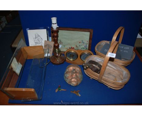 A quantity of miscellanea including two small Trugs, wooden lamp base, wood and glass shelves, old dog Collar, Postcards, etc
