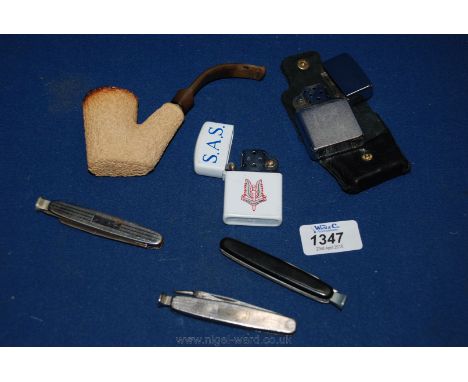 Two Zippo Cigarette Lighters including a Kingsway S.A.S lighter in a leather case, a Meerschaum pipe and two pen knife pipe c