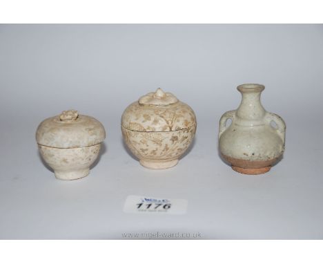 Two rare miniature Sawankhalok covered rice bowls, 13th-16th century and a fine white glazed Sawankhalok miniature bottle wit