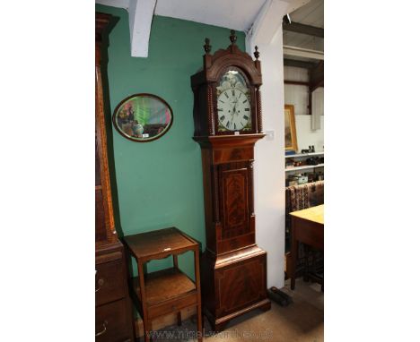 A good 19th c. Mahogany cased Longcase Clock having moulded and arched top with triple finial detail, over arch top single pa
