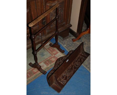 A carved Oak Wall Shelf, 28'' long and a small Mahogany towel rail.