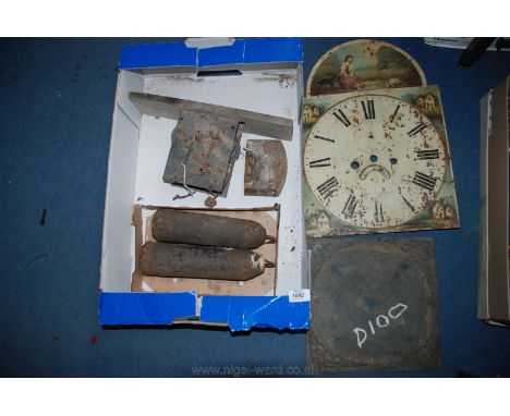 A quantity of Longcase clock Parts including movement (parts missing), brass clock face, painted grandfather clock face, two 