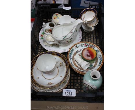 A quantity of decorative china including Cups, saucers, salts, flask, candle snuffer (a/f), etc and a Derby sauce Boat a/f.