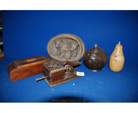 Five wooden Boxes including bird cigarette dispenser and tea caddy, etc.