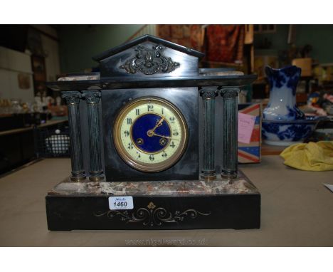 A Victorian Slate and Marble Architectural Mantle Clock, having pitched top with applied brass motif over the enamel Arabic n