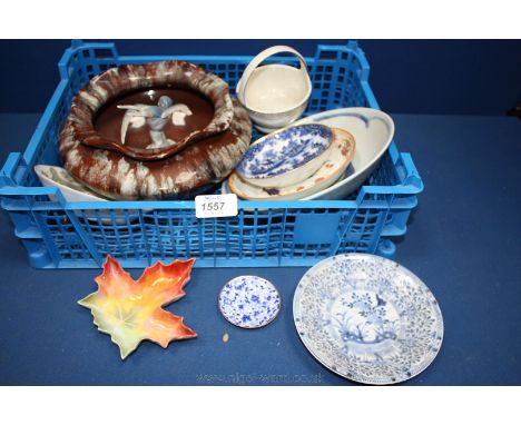 A late 19th century art pottery bowl with streaked decoration in the Linthorpe manner but unmarked and various ceramics inclu