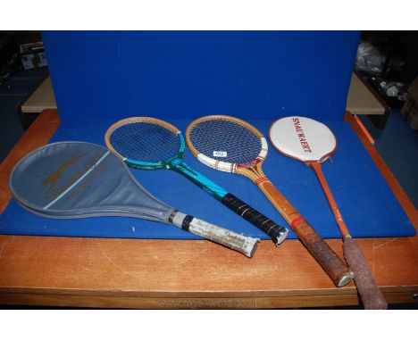 Three tennis Racquets including Chad Valley Park, Dunlop and Slazenger, plus a Snauwaert squash Racquet. 