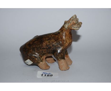 A very rare and fine Thai brown glazed water dropper in the form of mythical animal with a monstrous head. From the collectio