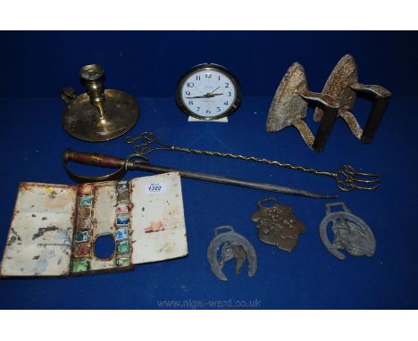 A quantity of miscellanea including Brass chamberstick, two flat irons, brass toasting Fork, Poker in the shape of a sword, a