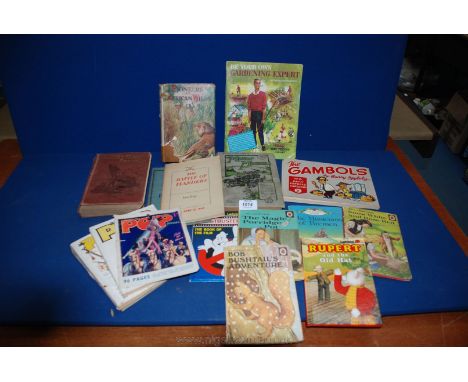 A quantity of books including six Ladybird books, The Motor Manual, The Swiss Family Robinson, The Pop Annual magazines, etc.