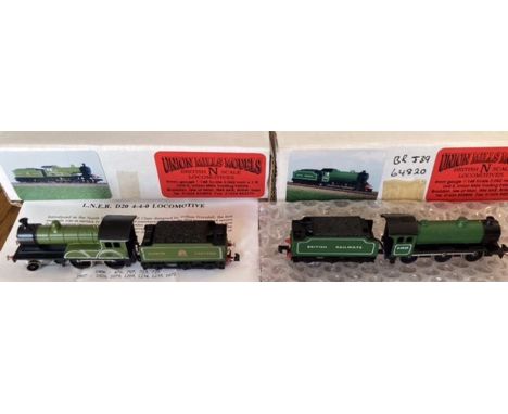Union Mills: A pair of boxed N Gauge locomotives by Union Mills Models, BR J39 0-6-0, and NE Class R 4-4-0. Both boxed in goo