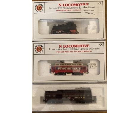 N Gauge: A collection of three boxed N Gauge locomotives to comprise: Tomix N Gauge locomotive Oberalp boxed; Bachmann Mainst