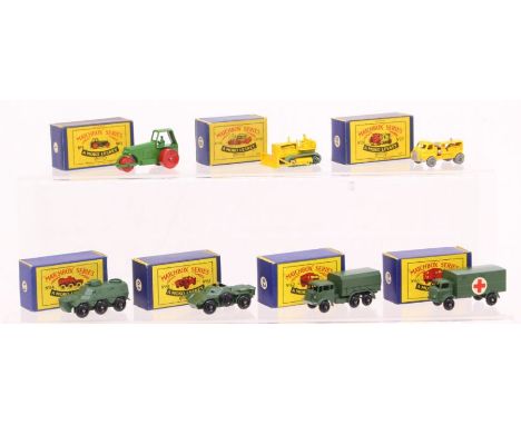 Matchbox: A collection of seven boxed Matchbox vehicles to comprise: Aveling Barford Road Roller 1, Bulldozer 18, Bedford Com