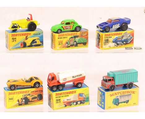 Matchbox: A collection of six assorted boxed Matchbox 75 Series vehicles to comprise: Rod Roller 21, Dragon Wheels 43, Pi-Eye