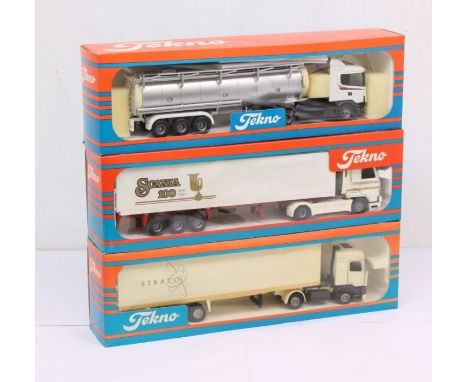 Diecast: A collection of three boxed Tekno 1:50 Scale diecast commercial vehicles including: Scania 100, Strato and one other