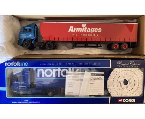 Diecast: A boxed Corgi Scania Curtainside Norfolkline No. 76402 with Limited Edition certificate; and Leyland Armitages pet p