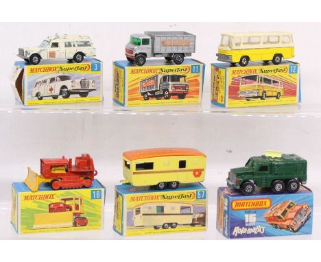 Matchbox: A collection of six assorted boxed Matchbox 75 Series vehicles to comprise: Mercedes Benz Binz Ambulance 3 (one box