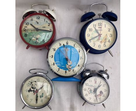 Alarm Clocks: A collection of five assorted vintage animated alarm clocks, to comprise: Kiki Football match, Ross Peckinh hen