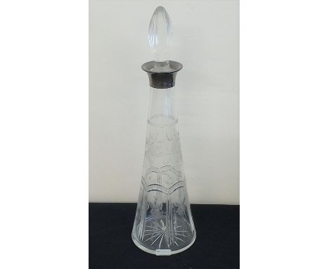 A silver collared decanter, glass featuring floral and grape design, silver hallmarked London 2001, makers mark WW, height ap