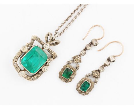 A green and colourless paste pendant, stamped STERLING, on a belcher link chain, together with a pair of green and colourless