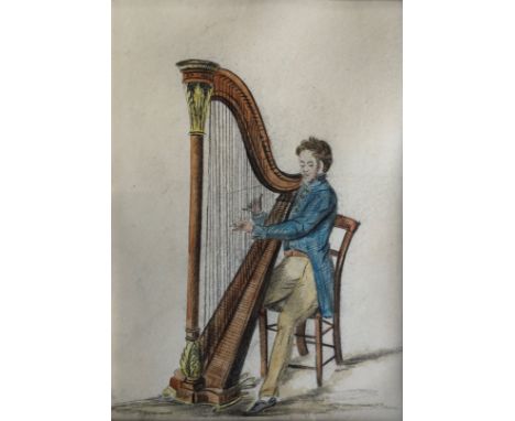 Framed, unsigned, watercolour on paper, possibly a book illustration, Regency gentleman playing the harp, 14cm x 10cm.