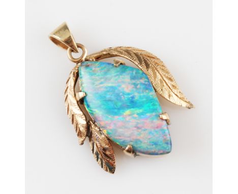 An opal doublet pendant, the opal doublet cabochon surrounded by leaf metalwork, yellow metal unmarked, weight approx. 4.1g.