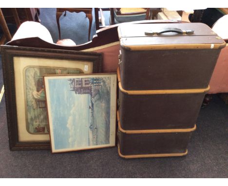 A wooden framed travel trunk together with two prints, one titled 'The First Tee and 'Tom Morris' green The Royal and Ancient