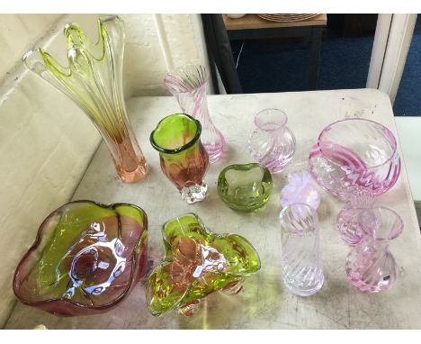 Six pink Caithness vases and bowl. Together with two Sklo vases, two dishes and an ash tray.
