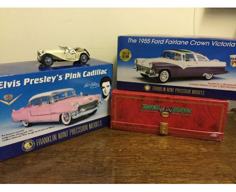 A selection of large scale diecast vehicles, mostly Franklin Mint, including 1931 Jaguar SS-100, 1911 Rolls Royce Tourer, 194