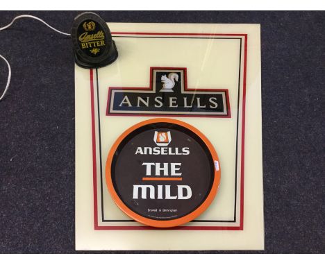 Four Ansells pub lamp panels together with Ansells light and metal circular tray.