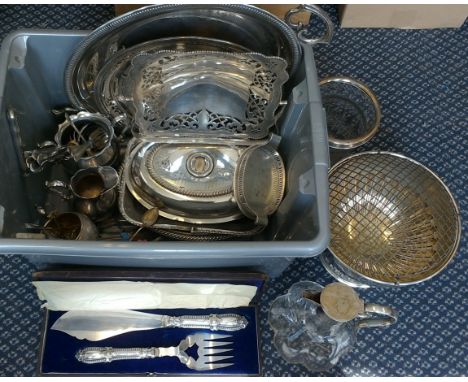 A collection of silver plated items to include a decanter, a Mappin & Webb rose bowl, a vase, various trays, cutlery and suga