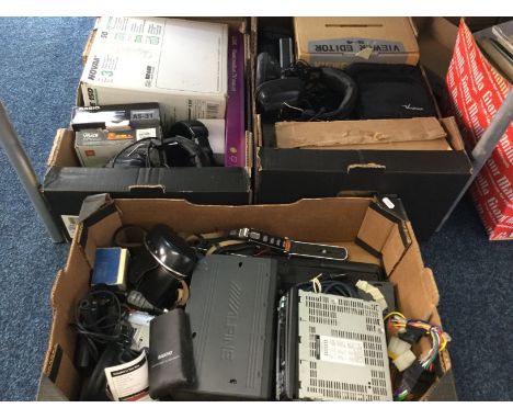 Three boxes of various electronic items including headphones, Vieweditor S-4, ihagee camera, cassette player, Novamat E 150 a
