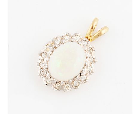 A 9ct yellow gold opal and diamond cluster pendant, set with a central oval opal cabochon, measuring approx. 10x8mm, surround