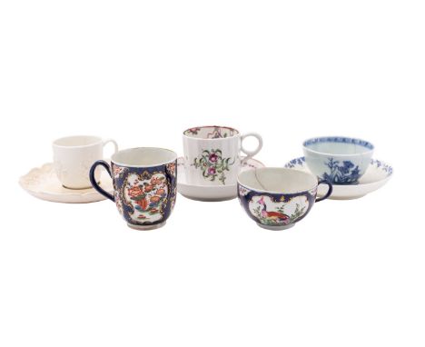 A mixed lot of 18th century tea and coffee wares including a Bow white prunus coffee cup, circa 1760; a Saint Cloud blue and 