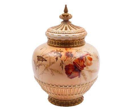 A Royal Worcester porcelain pot pourri vase and covers, of oviform the base with basket moulding enamelled with poppies a mot