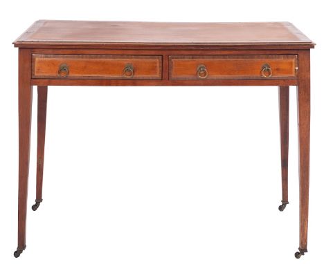 A mahogany and crossbanded side table in George III style, later 19th century; the twin drawers each with two copper ring han